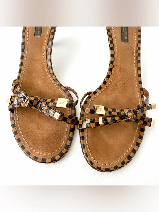 LOUIS VUITTON | Damier Check Kitten Heel Mule Sandals Gold LV Charm EU 38.5 Y2K - Picture 6 of 15